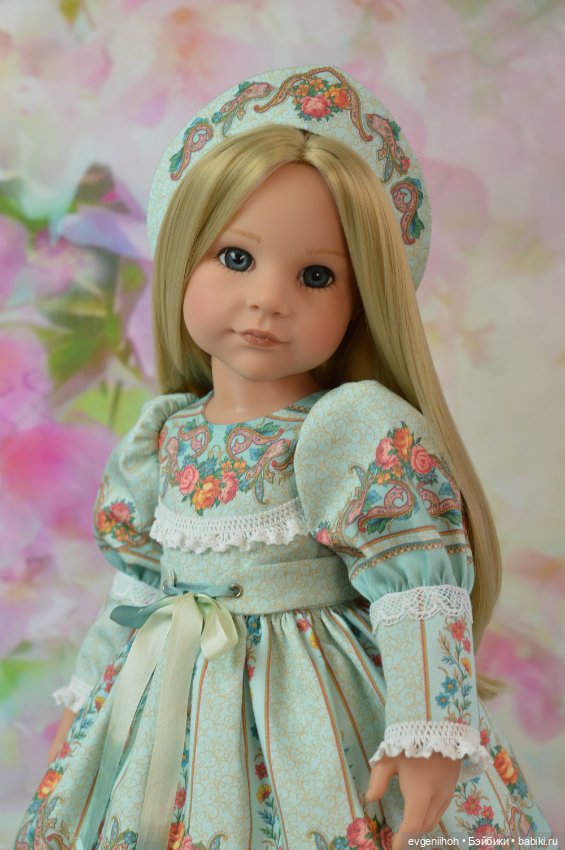 Нарядное платье для кукол Готц "Русские узоры" (№1 мятное) (фото 4)