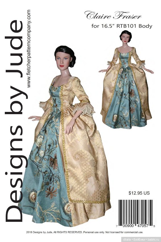 Выкройка PDF в натуральную величину / историческое платье для кукол 40 см Тоннер RTB101 и похожих