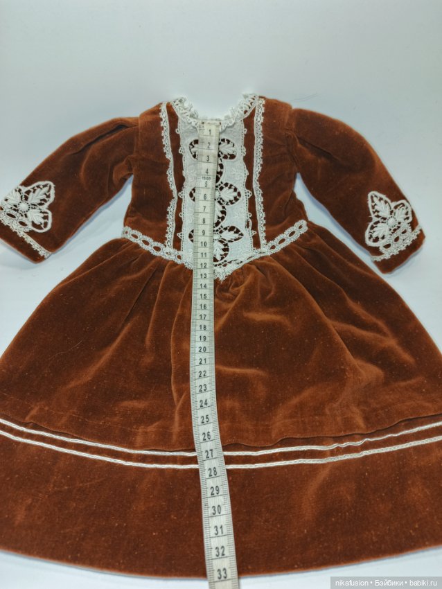 Платье и чепчик бархат на антикварную или винтажную куклу рост 50 см (фото 9)