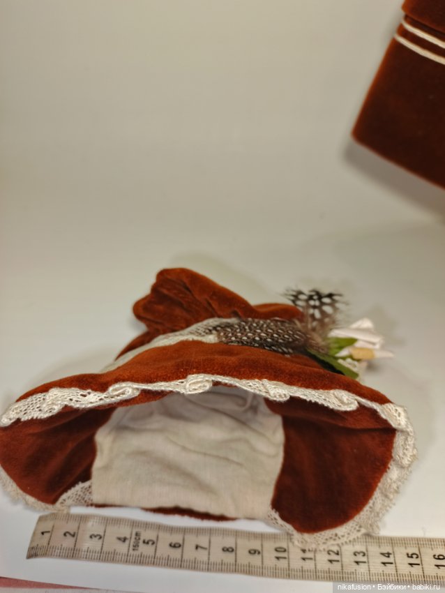 Платье и чепчик бархат на антикварную или винтажную куклу рост 50 см (фото 6)