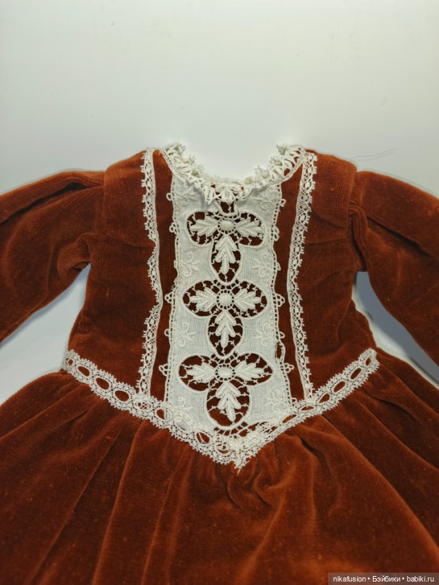 Платье и чепчик бархат на антикварную или винтажную куклу рост 50 см (фото 8)