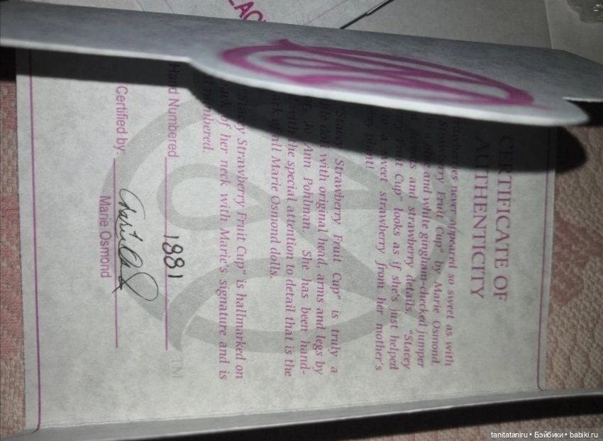 Marie Osmond Tiny Tots Stacey Strawberry AA Fruit Cup COA, Стейси Клубничка (фото 2)