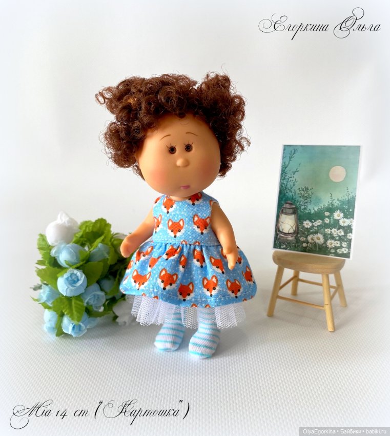 Комплект "Лисички" из хлопкового платья и колготок на кроху Миечку (14 см) (фото 2)