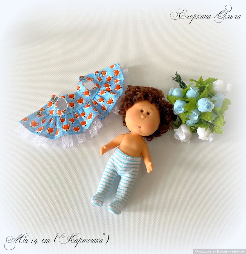 Комплект "Лисички" из хлопкового платья и колготок на кроху Миечку (14 см) (фото 3)