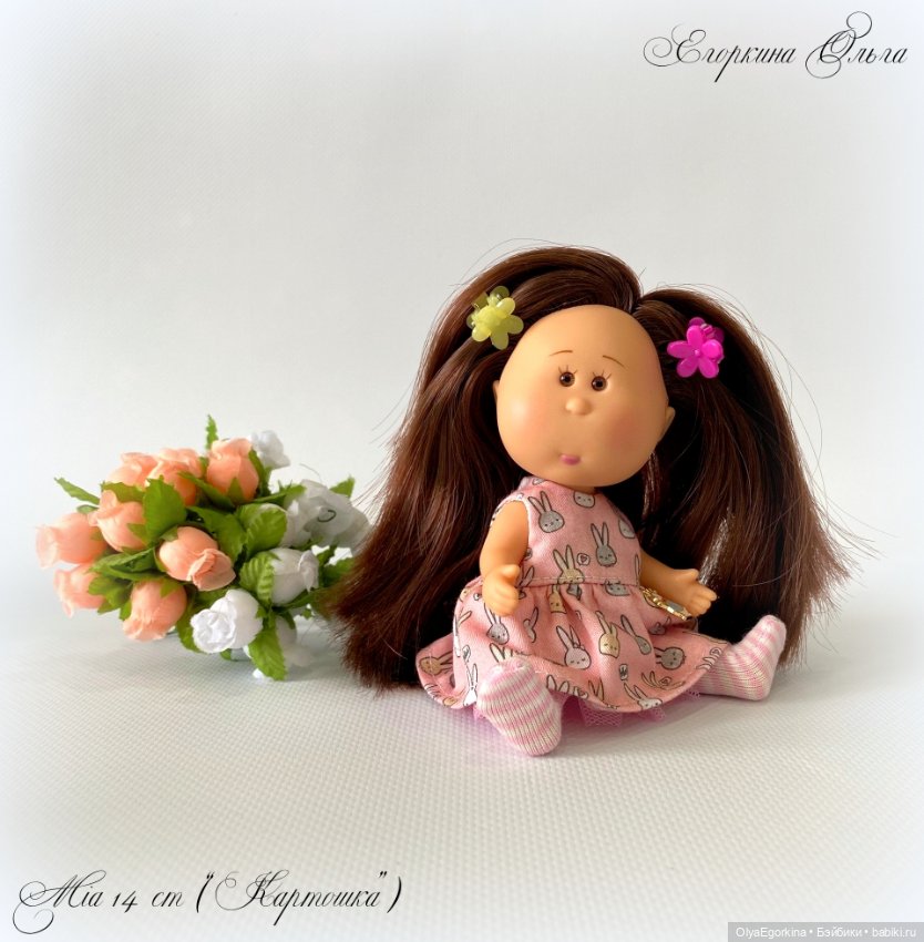 Комплект "Зайчики" из хлопкового платья и колготок на кроху Миечку (14 см) (фото 2)