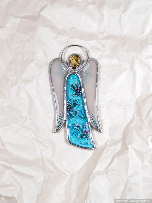 Витражный ангел "Снегири" в технике Тиффани (фото 4)