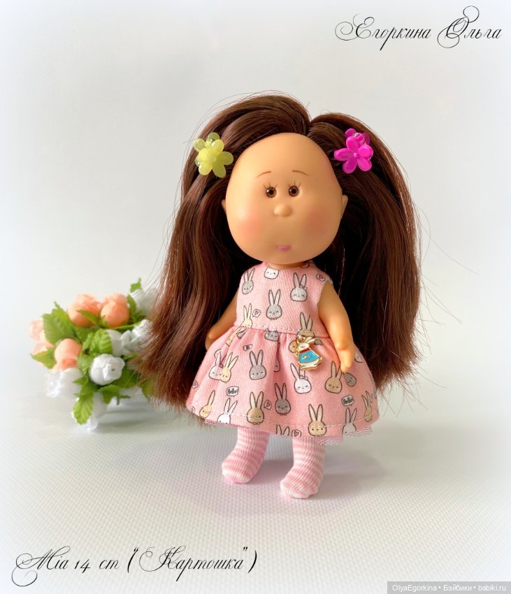 Комплект "Зайчики" из хлопкового платья и колготок на кроху Миечку (14 см)