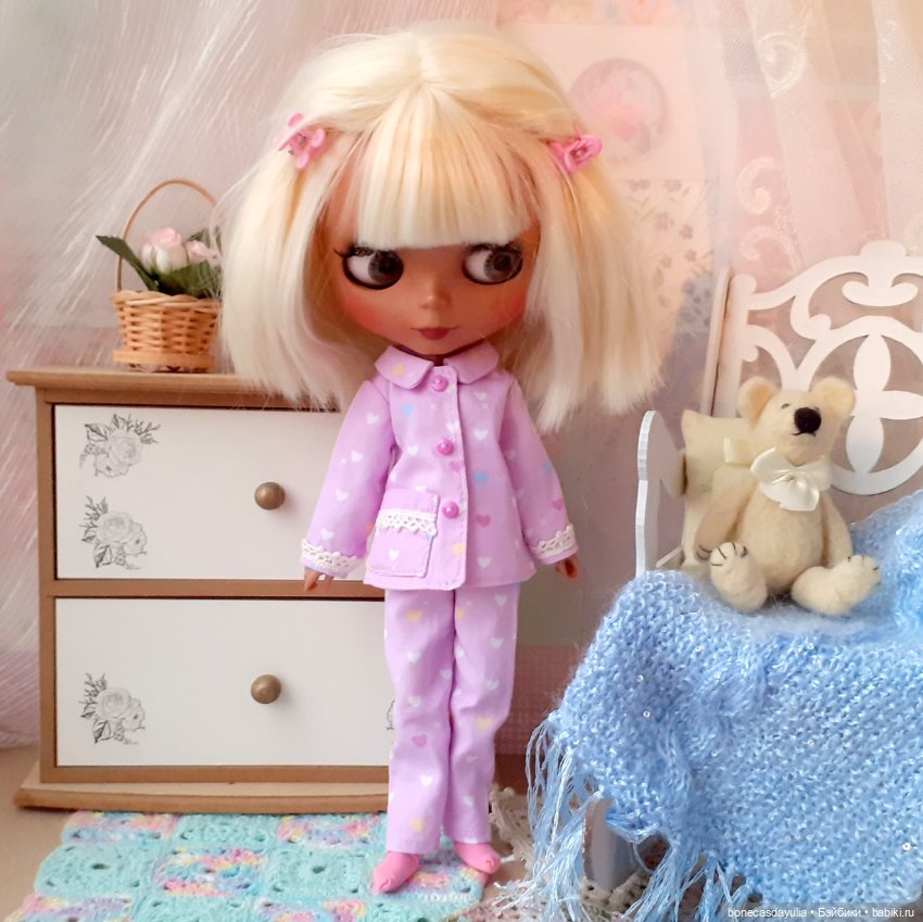 Пижама для куклы Блайз Blythe / Курточка и брюки из хлопка / Домашняя одежда (фото 9)