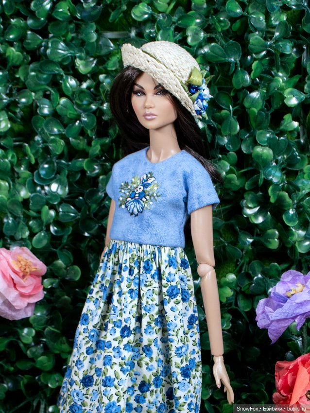 Соломенная шляпка "Голубые цветы" для кукол 1:6 (barbie, Integrity toys,bjd) (фото 2)