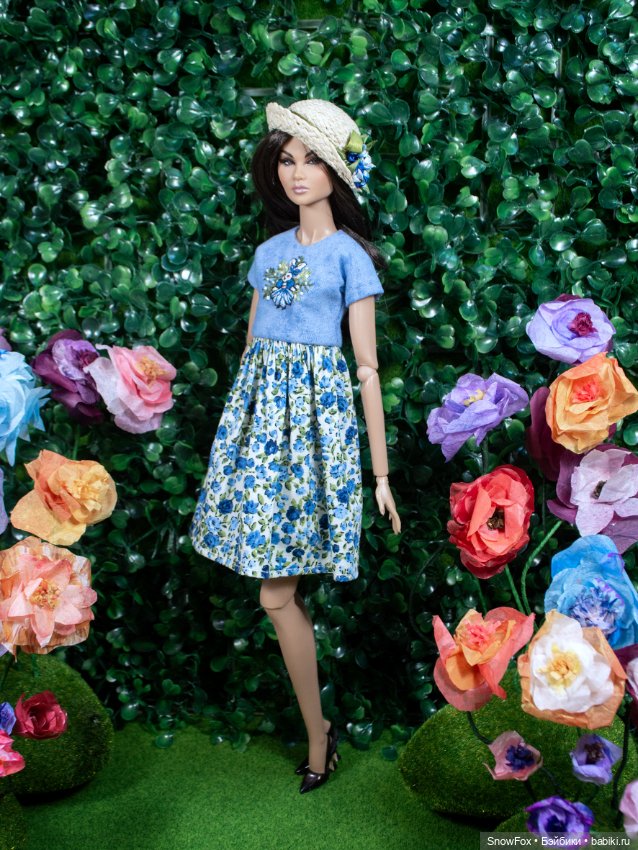 Соломенная шляпка "Голубые цветы" для кукол 1:6 (barbie, Integrity toys,bjd)