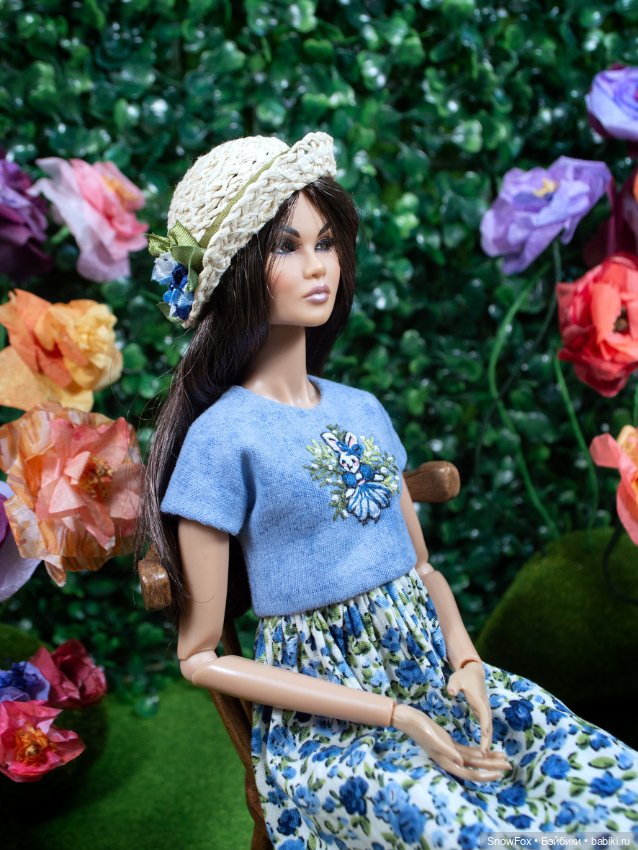 Соломенная шляпка "Голубые цветы" для кукол 1:6 (barbie, Integrity toys,bjd) (фото 4)