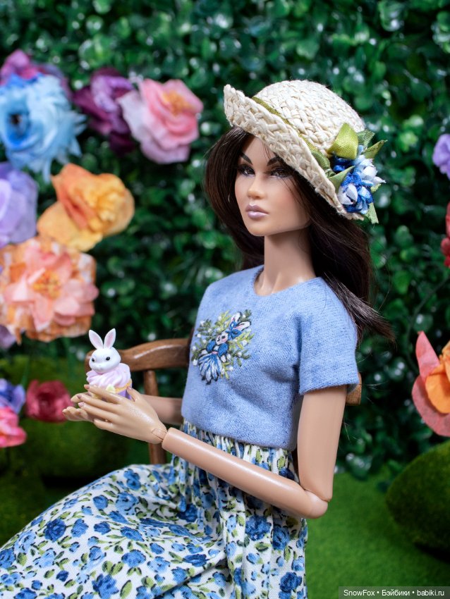 Соломенная шляпка "Голубые цветы" для кукол 1:6 (barbie, Integrity toys,bjd) (фото 3)