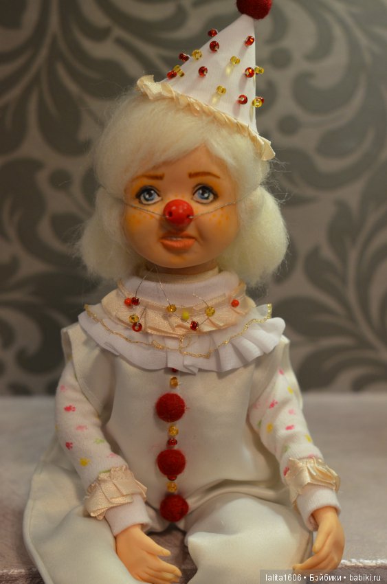 Белый клоун. Кукла ручной работы, Рост 33 см