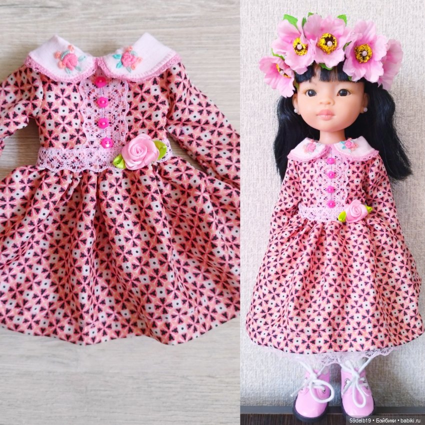 Продолжаем розовую тему в кукольном гардеробе: шёлковое платье с розовым принтом