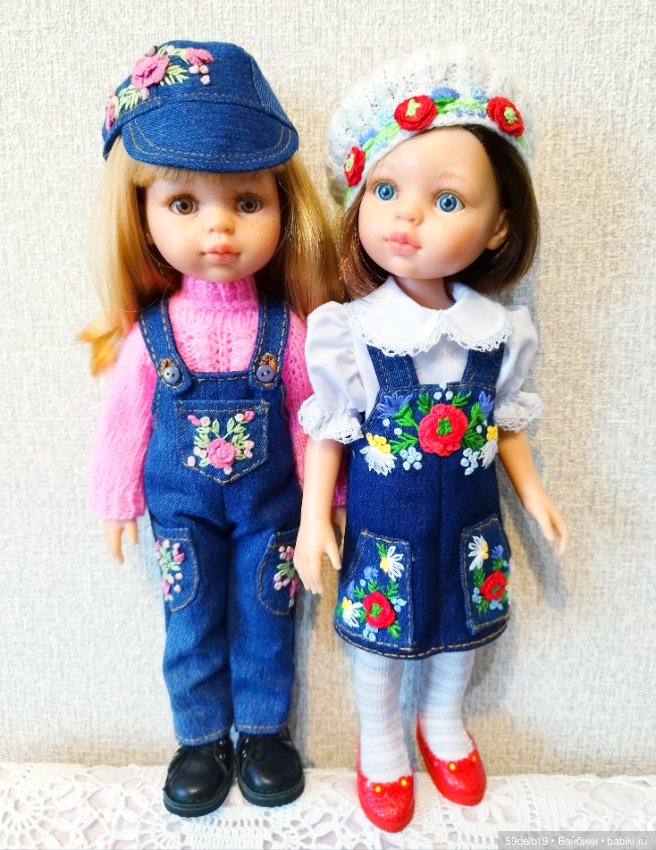 Новый наряд для паолочек: джинсовый сарафанчик, вязаный беретик с вышивкой маки (фото 4)