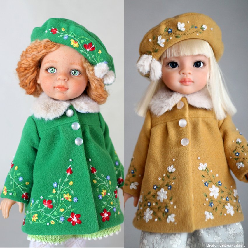 Пальто с вышивкой для кукол. Сочный зеленый и спокойный горчичный