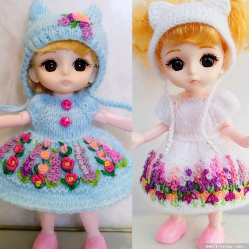 Платье и шапочка с вышивкой рококо для кукол баболи, лати, пукифи 15-16 см