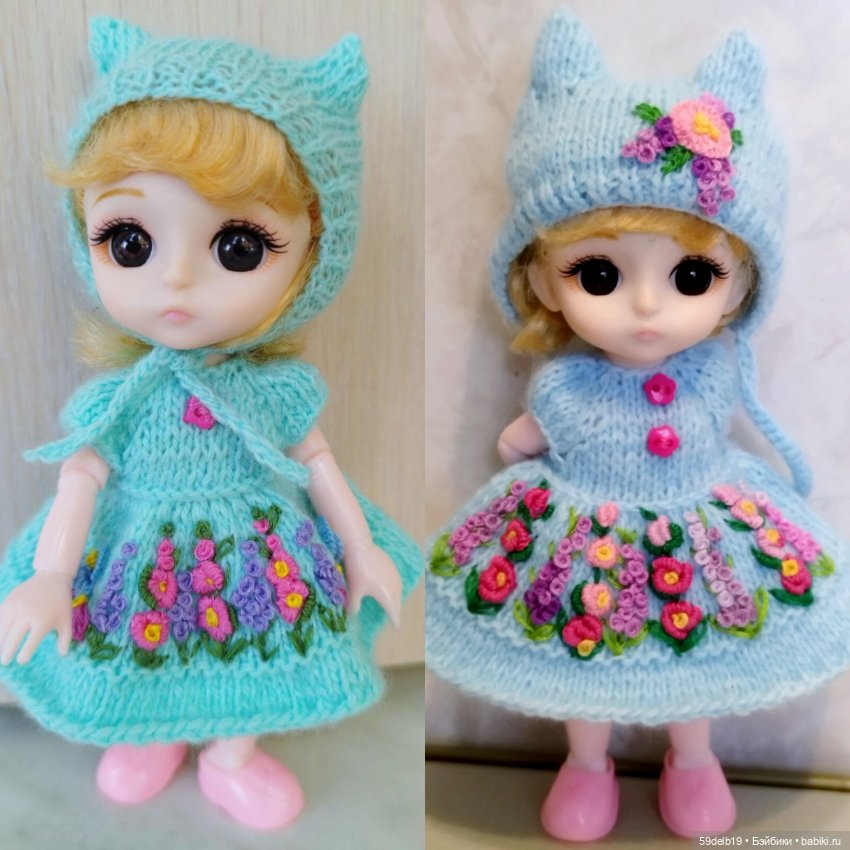 Платье и шапочка с вышивкой рококо для кукол баболи, лати, пукифи 15-16 см