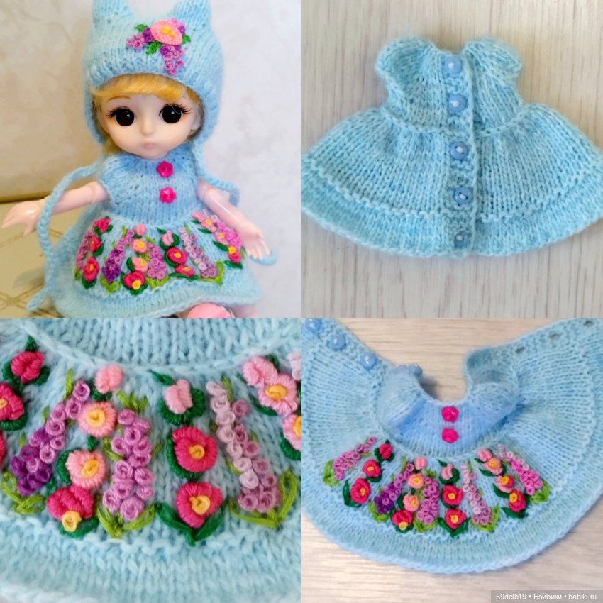 Платье и шапочка с вышивкой рококо для кукол баболи, лати, пукифи 15-16 см