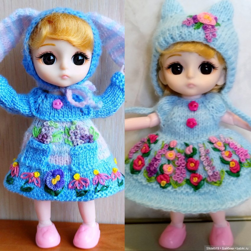 Платье и шапочка с вышивкой рококо для кукол баболи, лати, пукифи 15-16 см