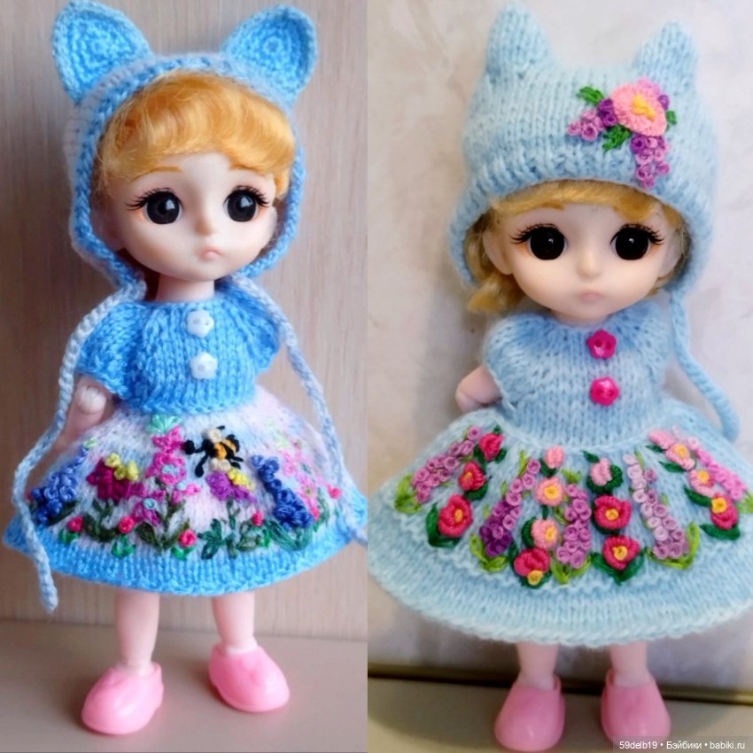 Платье и шапочка с вышивкой рококо для кукол баболи, лати, пукифи 15-16 см