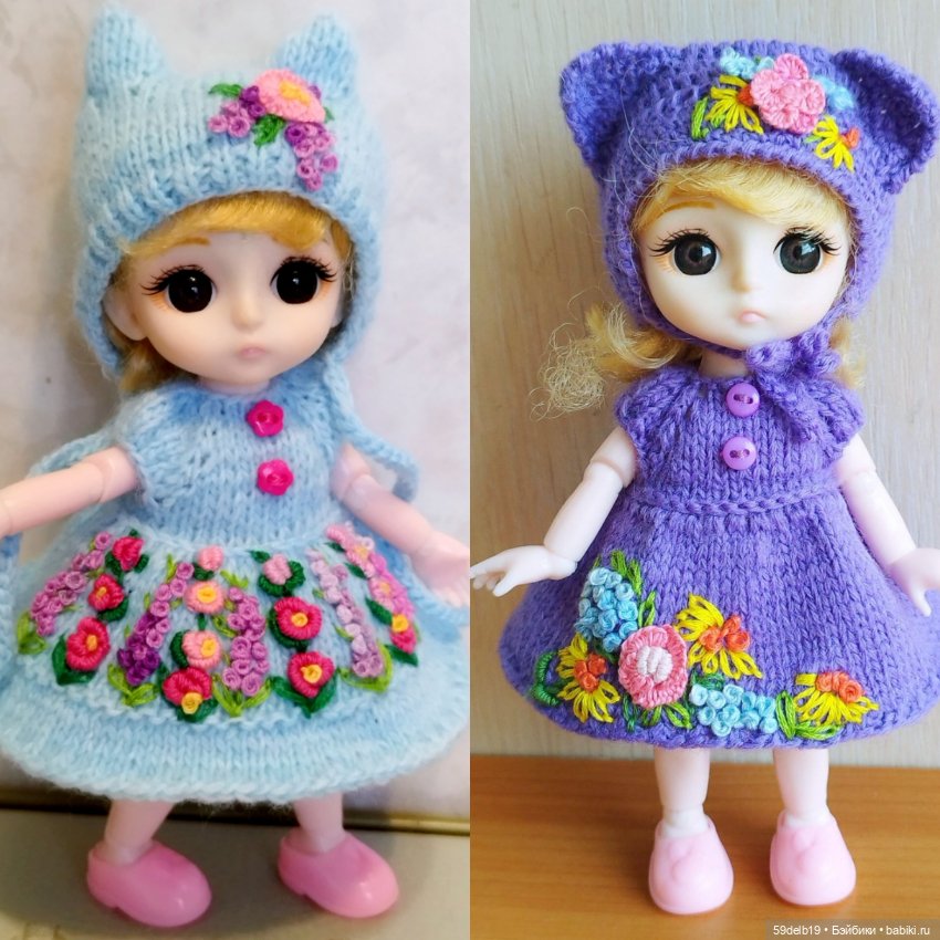 Платье и шапочка с вышивкой рококо для кукол баболи, лати, пукифи 15-16 см