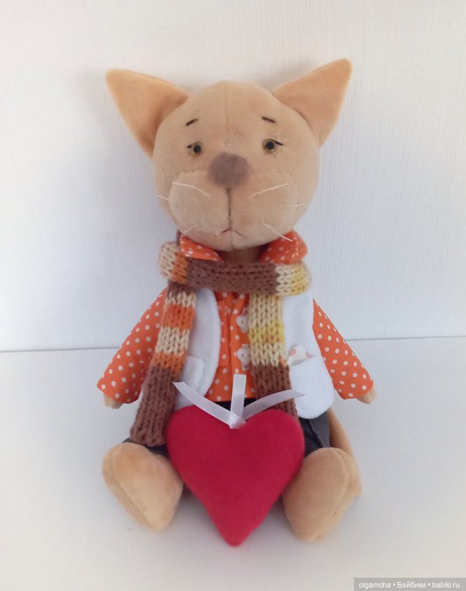 Котик с большим сердцем — Текстильные игрушки и примитивы: кофейные (фото 3)