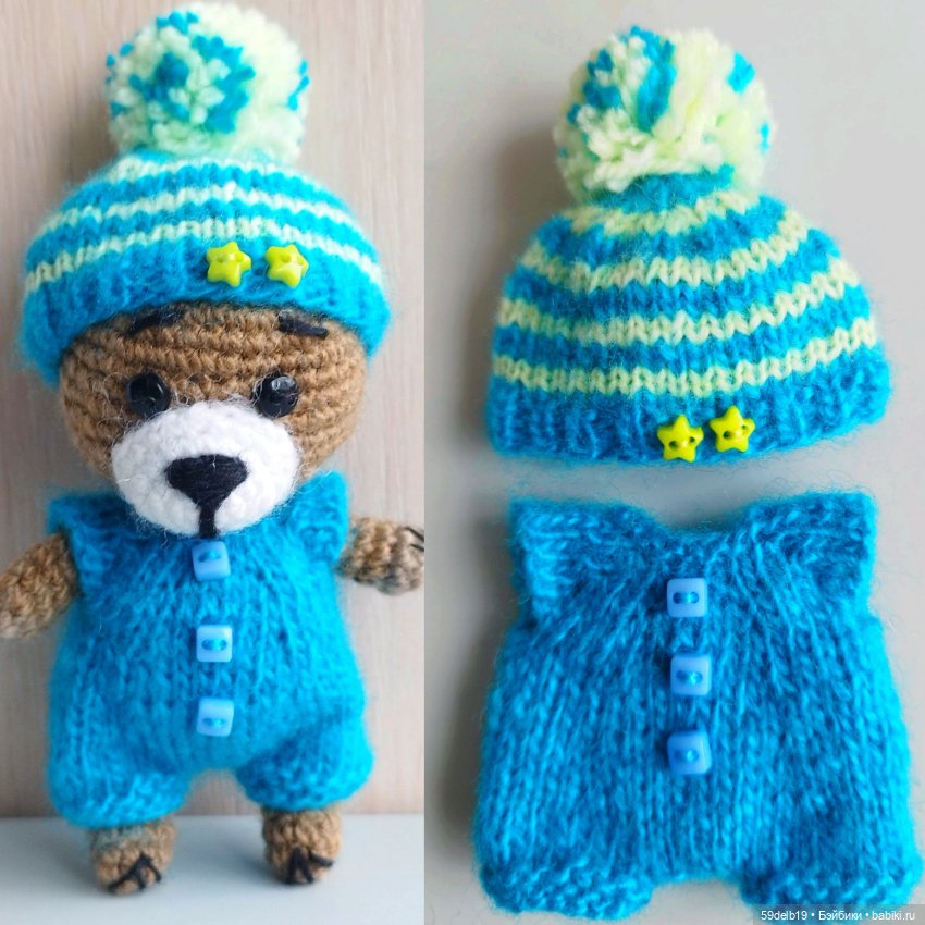 Медвежонок Бронька в бирюзовом костюмчике