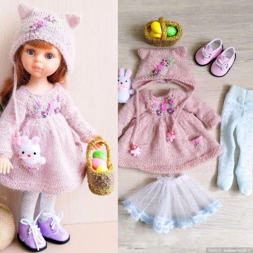 Платье и шапочка из мохера с вышивкой для куклы паола рейна