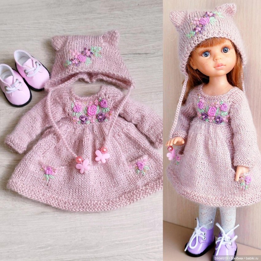 Платье и шапочка из мохера с вышивкой для куклы паола рейна
