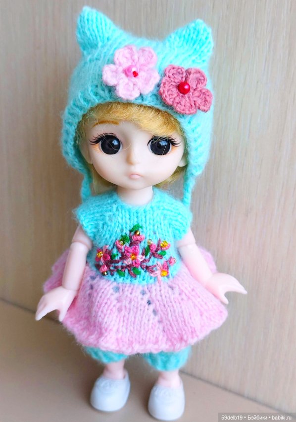 Платье - комбинезон и шапочка с ушками для баболишки 15 см