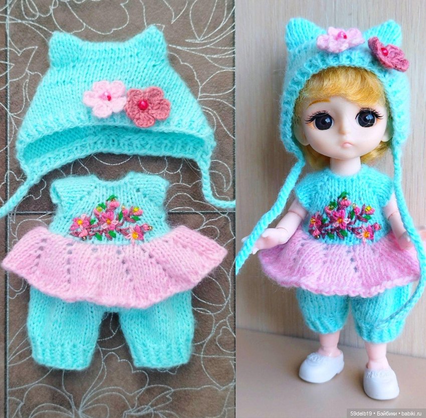 Платье - комбинезон и шапочка с ушками для баболишки 15 см