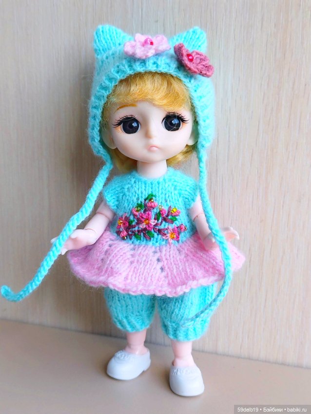 Платье - комбинезон и шапочка с ушками для баболишки 15 см (фото 6)