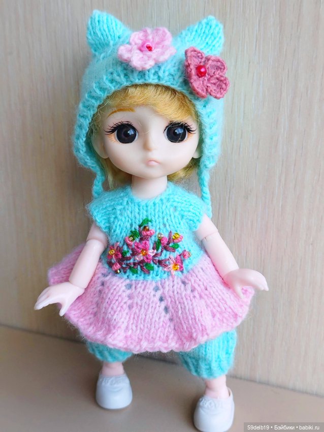 Платье - комбинезон и шапочка с ушками для баболишки 15 см (фото 2)