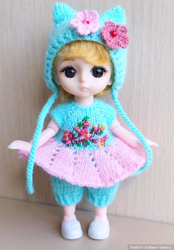 Платье - комбинезон и шапочка с ушками для баболишки 15 см (фото 8)