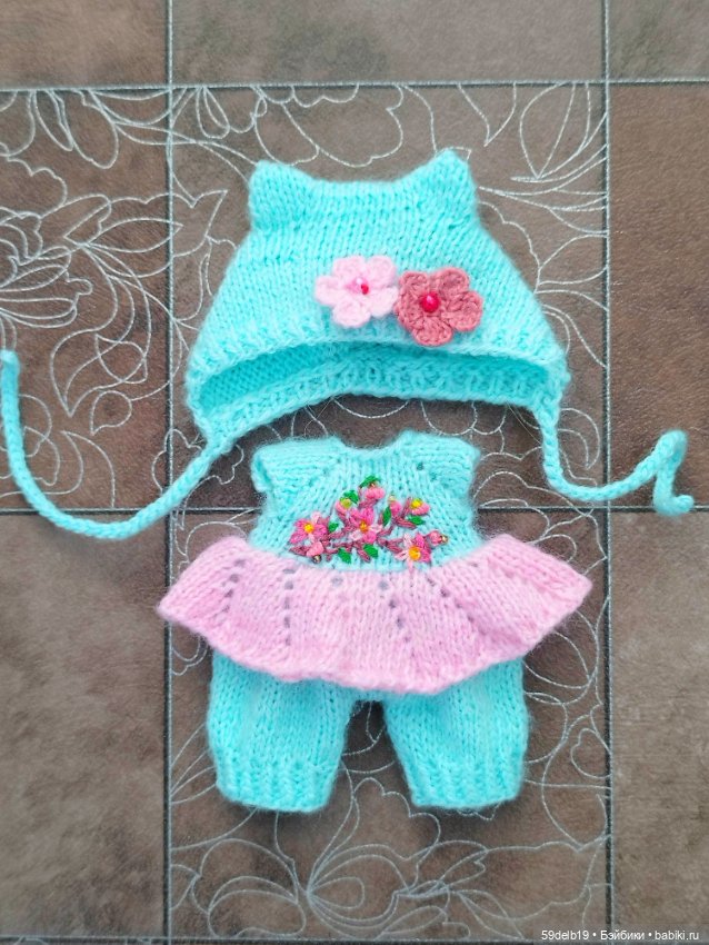 Платье - комбинезон и шапочка с ушками для баболишки 15 см (фото 9)