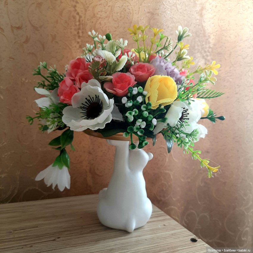 Мишка, кролик и котик с цветами (фото 7)