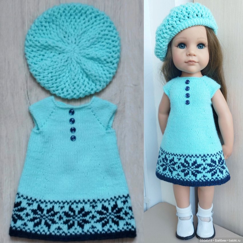 Летнее платье с ажурным беретом для кукол готц 48-50 см (фото 9)