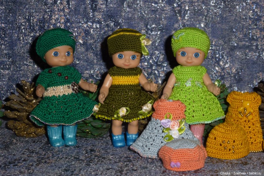 Авторские вязаные платья\наряды на кукол Chou chou 12 cm (Zapf Creation - Шу-шу - 12 см)