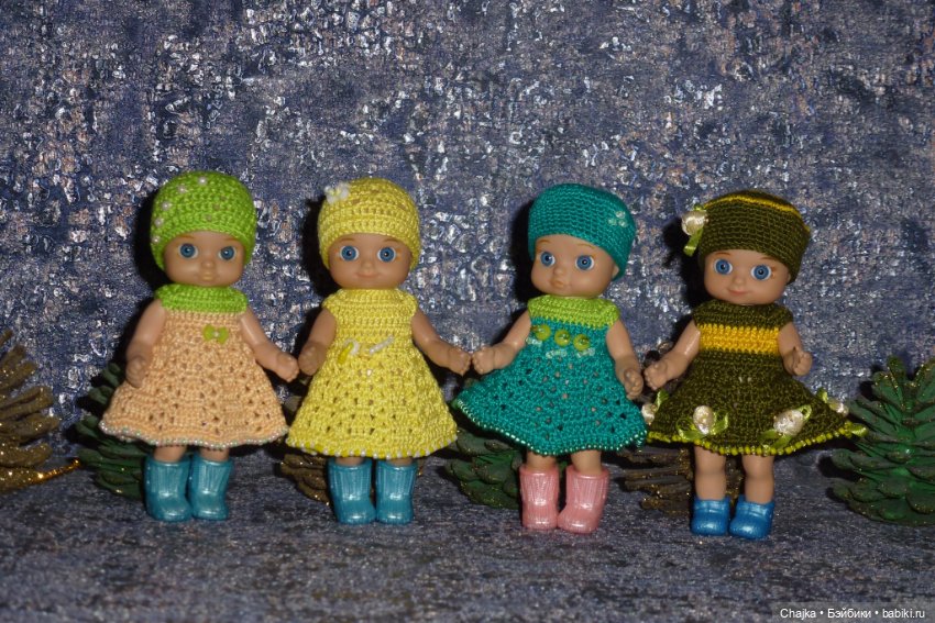 Авторские вязаные платья\наряды на кукол Chou chou 12 cm (Zapf Creation - Шу-шу - 12 см)