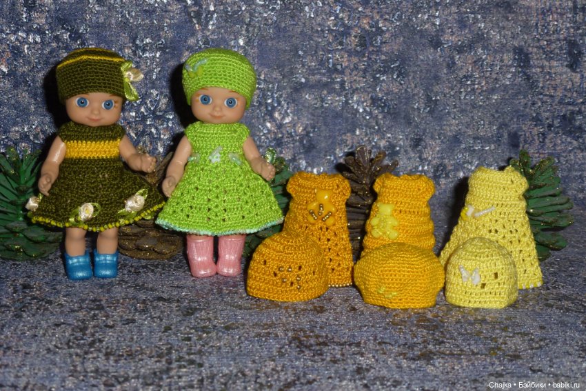 Авторские вязаные платья\наряды на кукол Chou chou 12 cm (Zapf Creation - Шу-шу - 12 см)