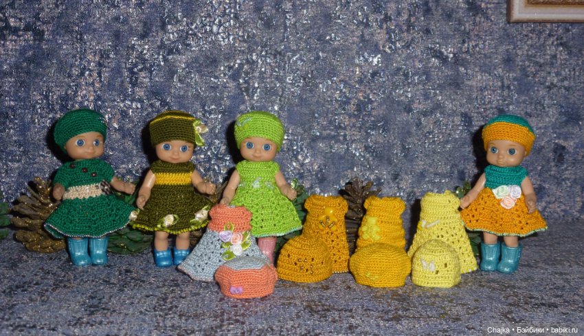 Авторские вязаные платья\наряды на кукол Chou chou 12 cm (Zapf Creation - Шу-шу - 12 см)