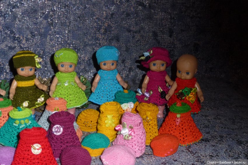 Авторские вязаные платья\наряды на кукол Chou chou 12 cm (Zapf Creation - Шу-шу - 12 см)