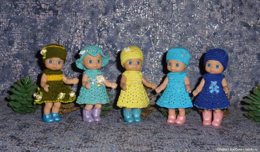 Авторские вязаные платья\наряды на кукол Chou chou 12 cm (Zapf Creation - Шу-шу - 12 см)