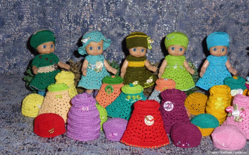 Авторские вязаные платья\наряды на кукол Chou chou 12 cm (Zapf Creation - Шу-шу - 12 см)