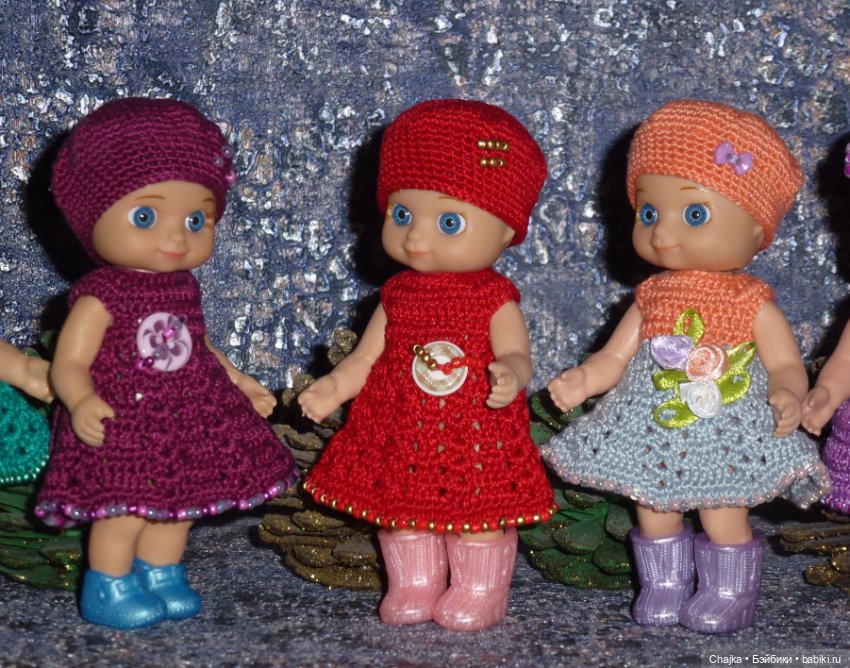 Авторские вязаные платья\наряды на кукол Chou chou 12 cm (Zapf Creation - Шу-шу - 12 см)