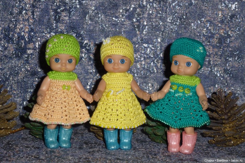 Авторские вязаные платья\наряды на кукол Chou chou 12 cm (Zapf Creation - Шу-шу - 12 см)