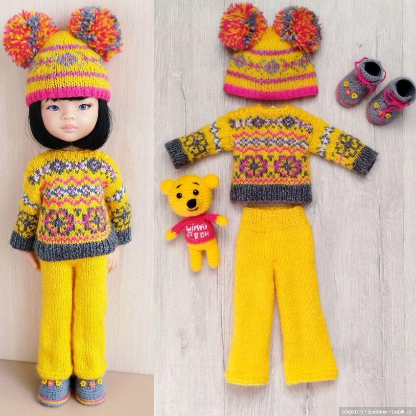 Яркий вязаный костюм для куклы паола рейна