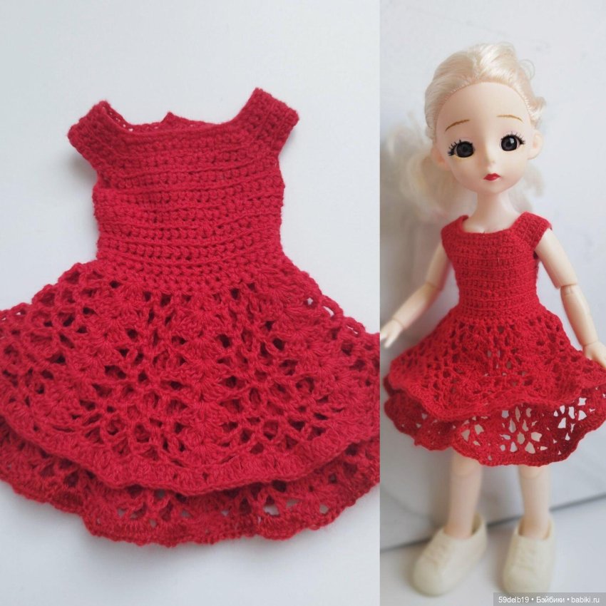 Красное ажурное платье с двухярусной юбочкой для куклы 30 см Китай (фото 10)