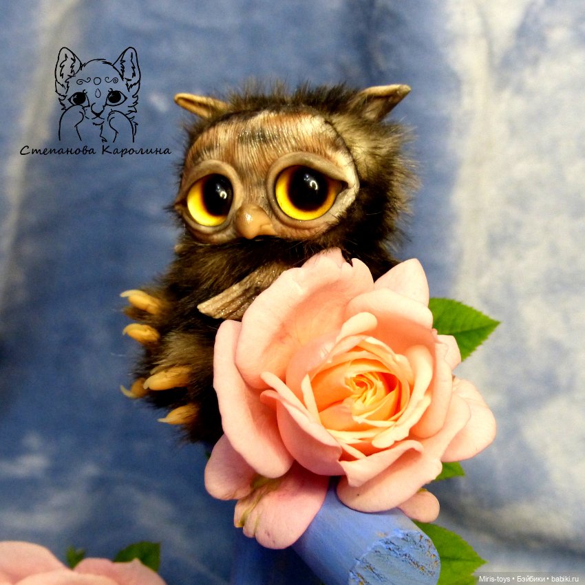 Совята в розах — Игрушки в смешанной технике (мех и глина): Арт